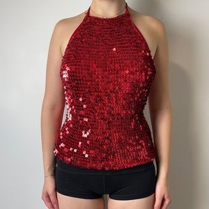 red sequins knit halter neck top